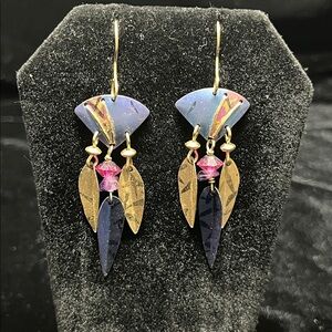 1541 * Holly Yashi Vintage Nobium Gold and Blue Fan Earrings